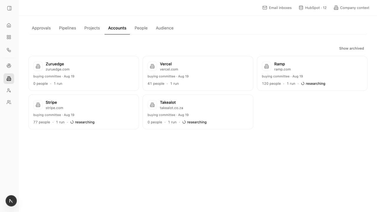Lumnis Accounts tab showing researched companies, people counts, run counts, and research status