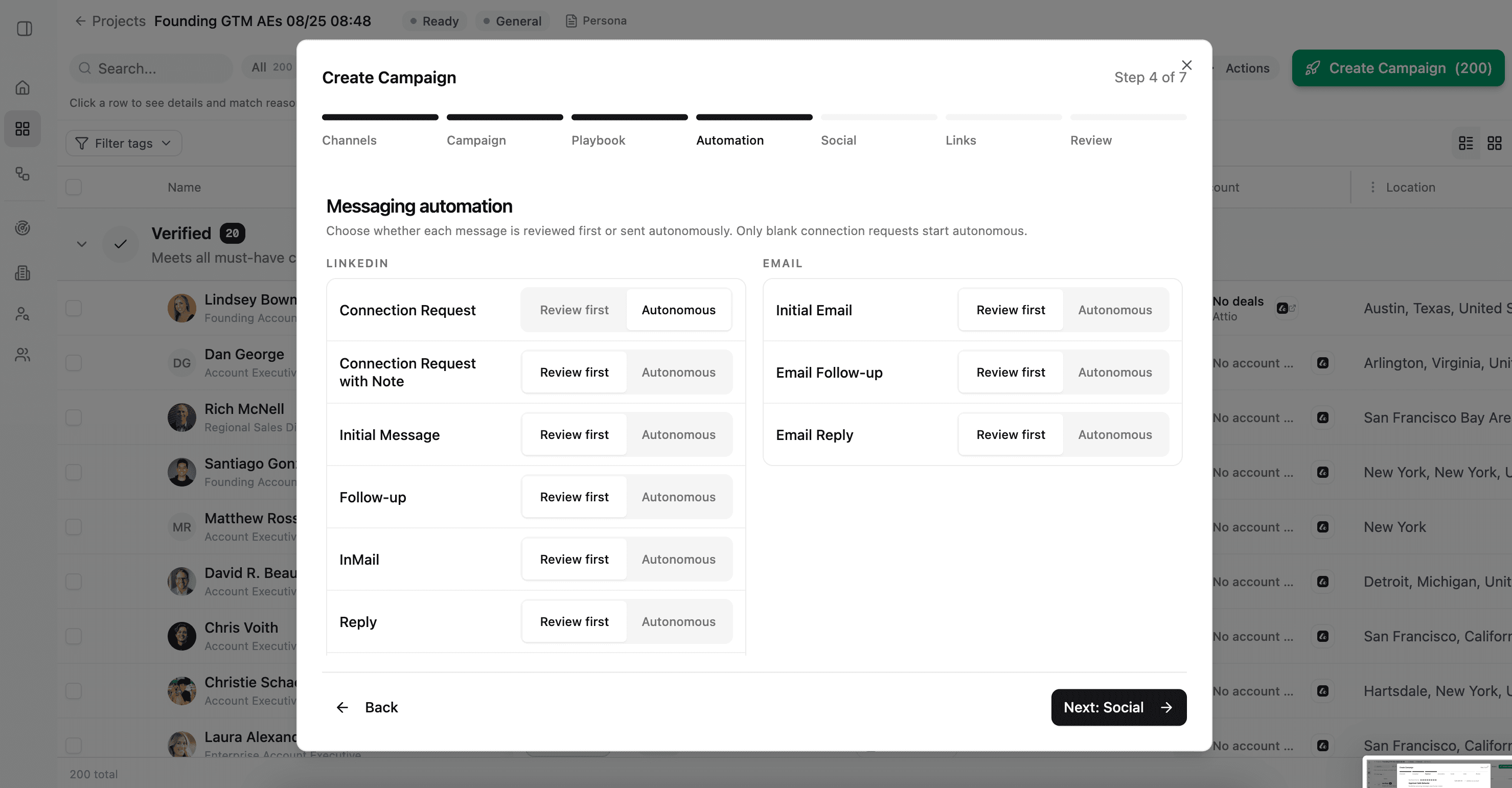 Campaign automation step with review-first and autonomous choices for LinkedIn and email actions