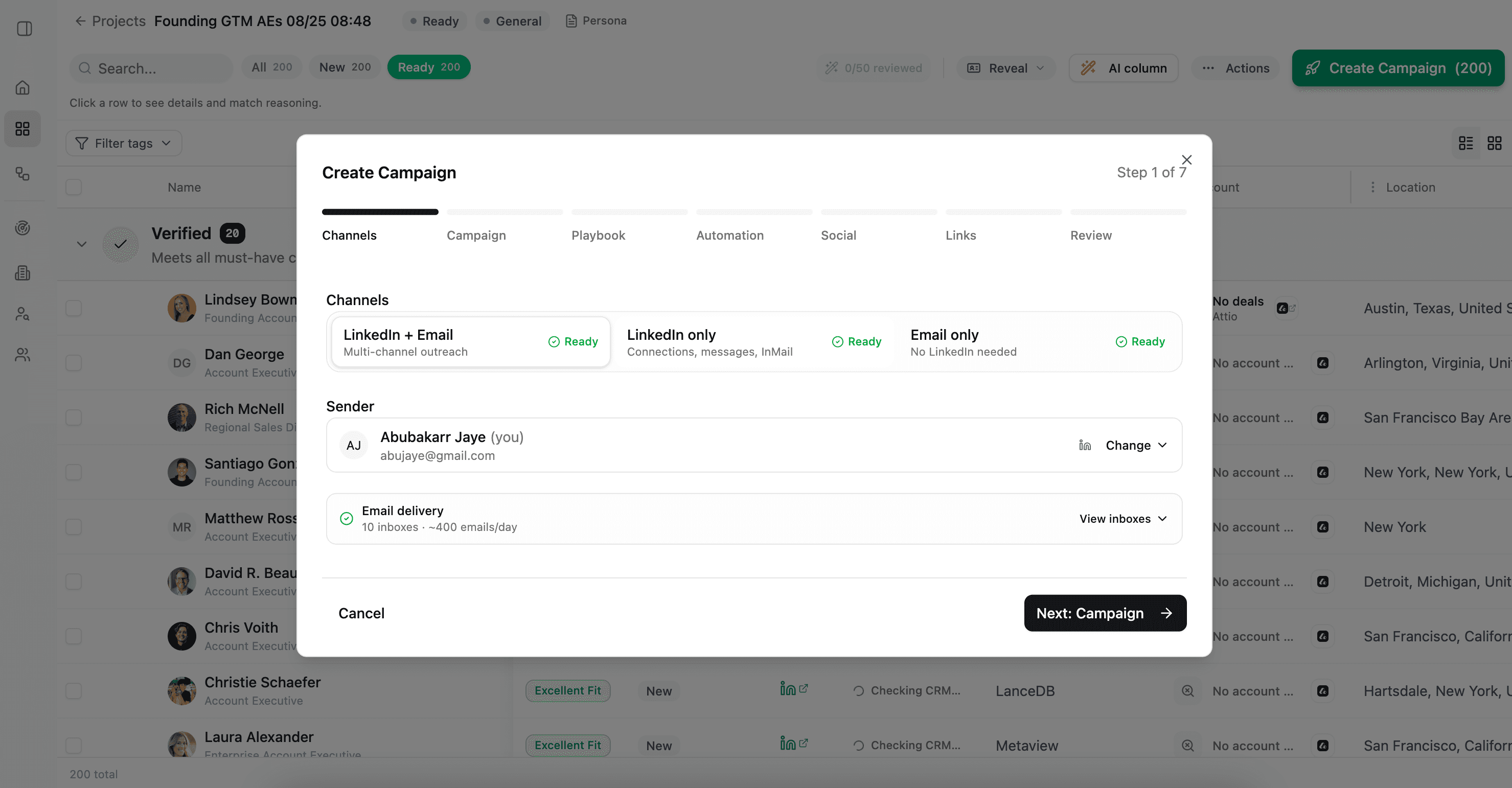 Campaign setup step one showing channel choices, sender, and email delivery readiness