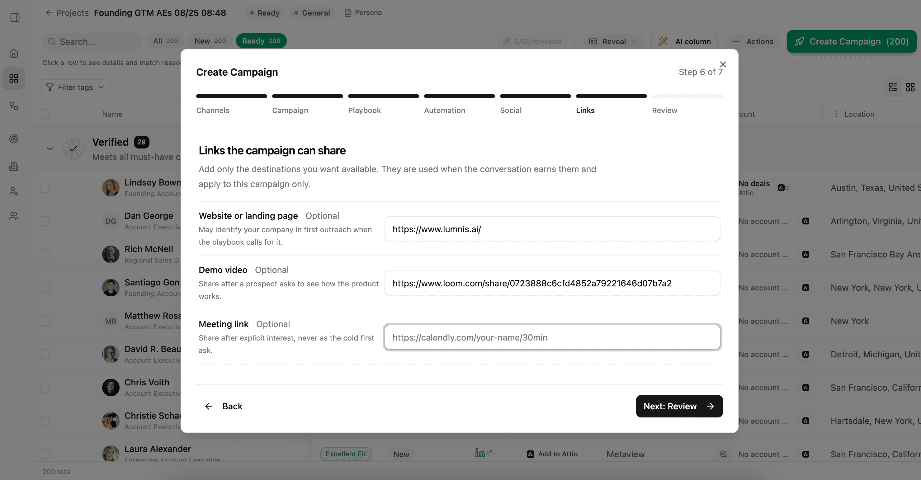 Campaign links step with optional website, demo video, and meeting link fields