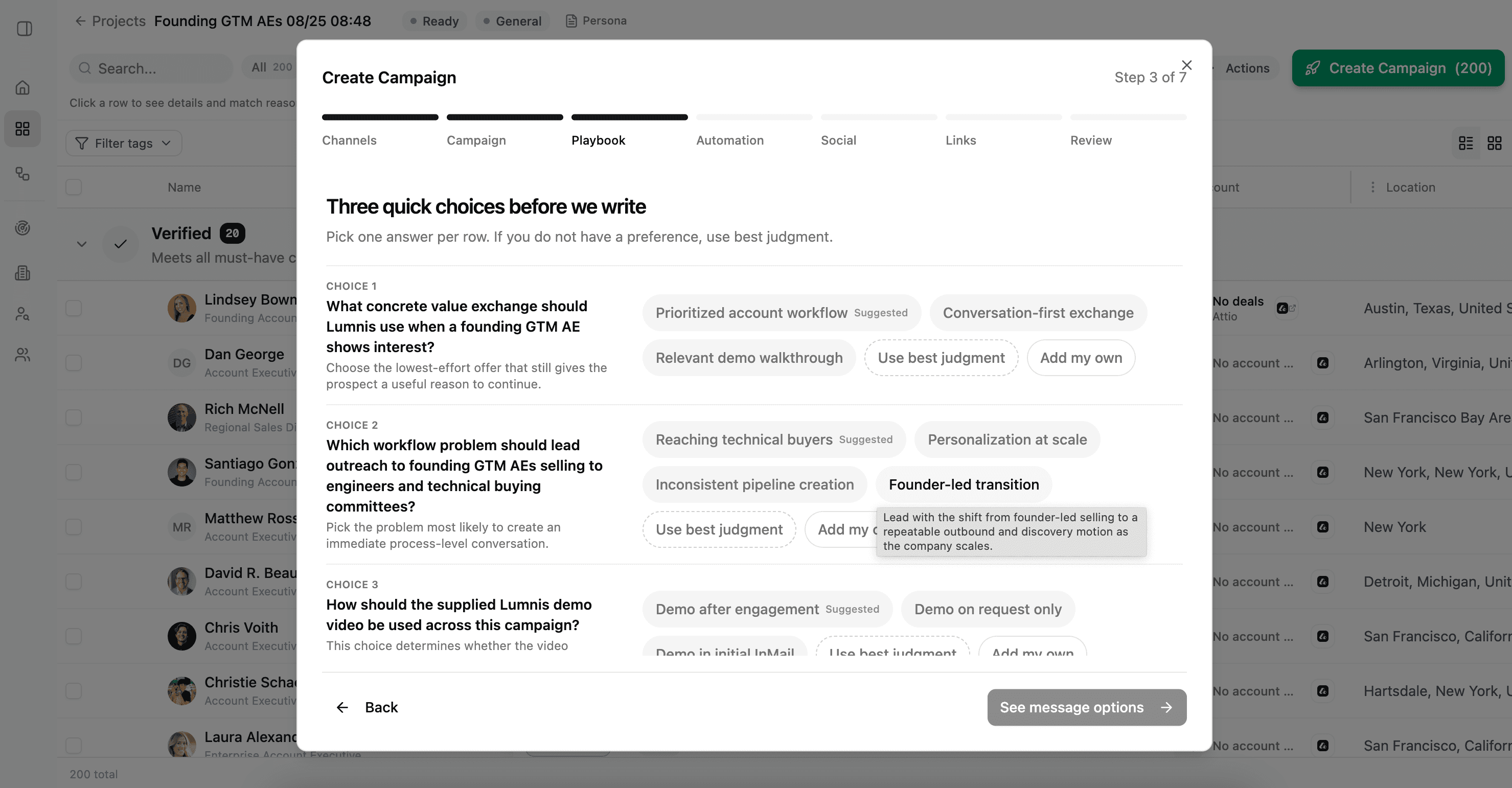 Campaign playbook showing three questions with suggested and custom answers