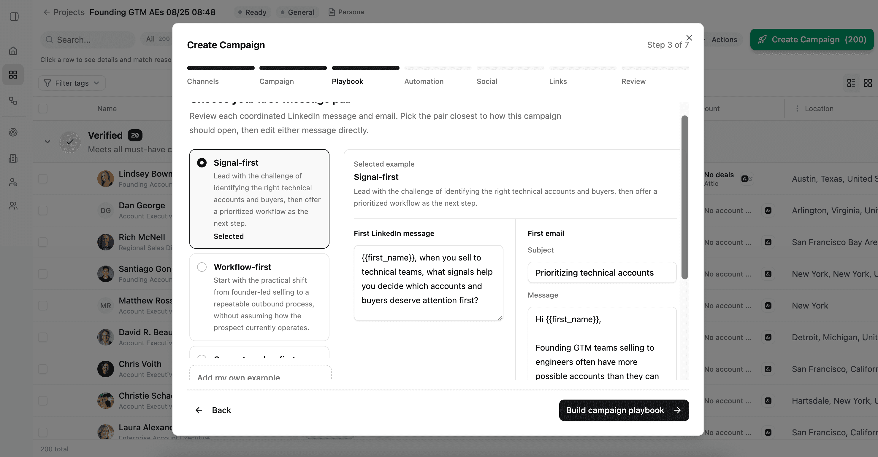 Campaign playbook showing message approaches and editable LinkedIn and email examples