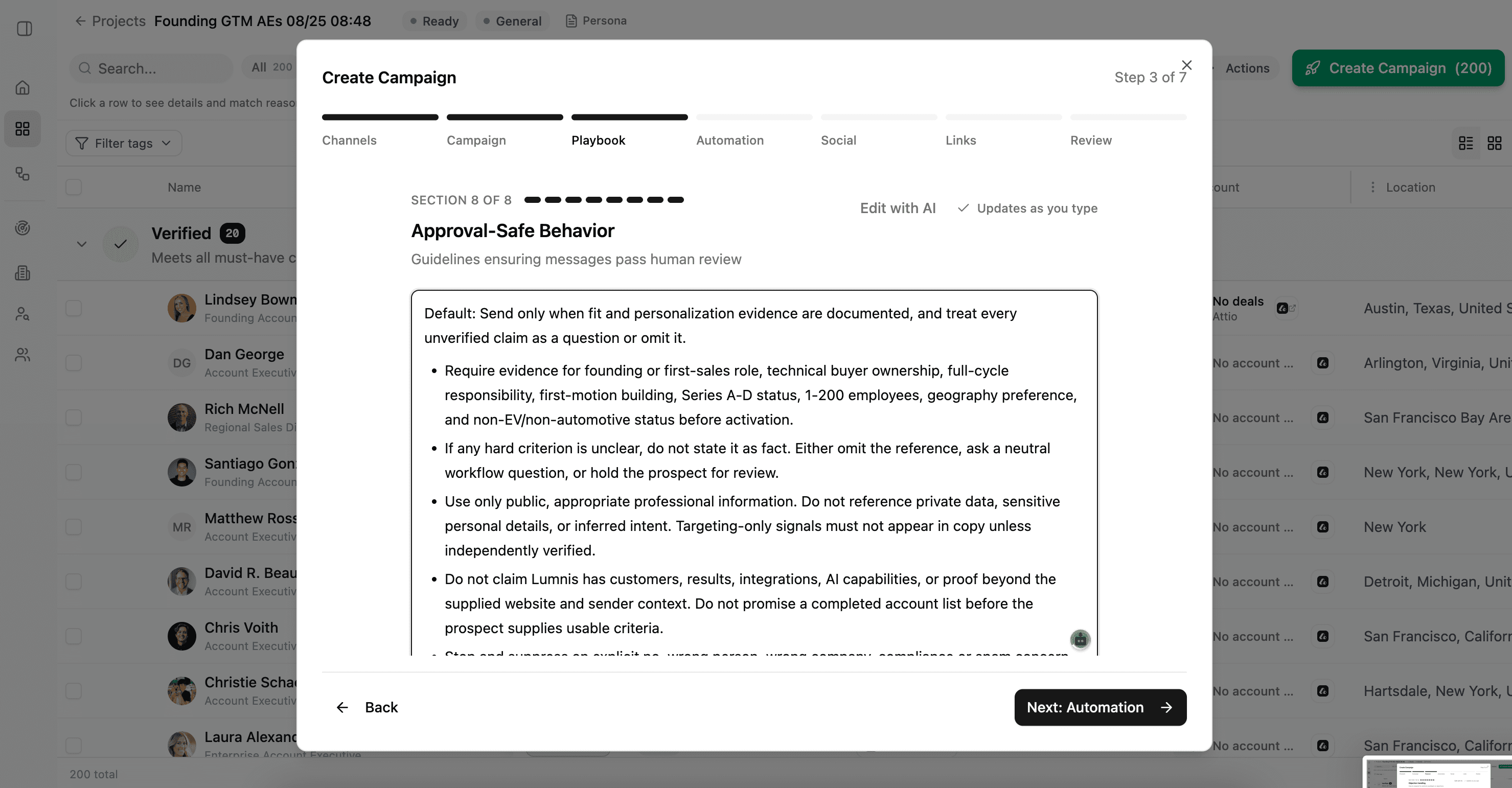 Final campaign playbook section showing rules for approval-safe behavior