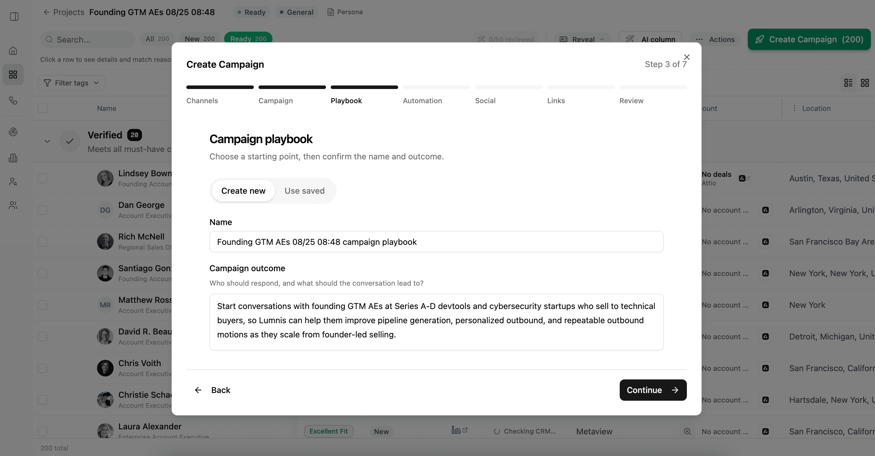 Campaign playbook setup with fields for its name and intended outcome