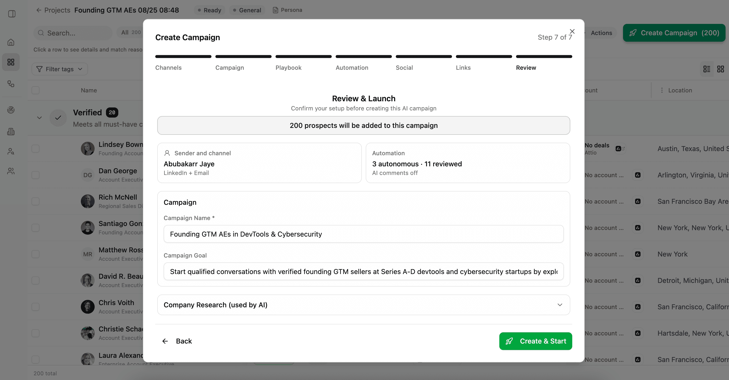 Final campaign review showing the prospect count, sender, channels, automation, name, and goal
