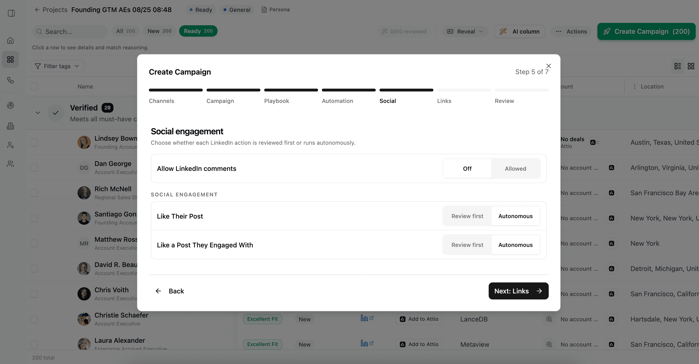 Campaign social step with settings for LinkedIn comments and post likes