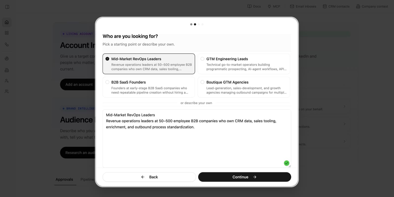Audience screen with suggested audiences and a field for describing a new audience
