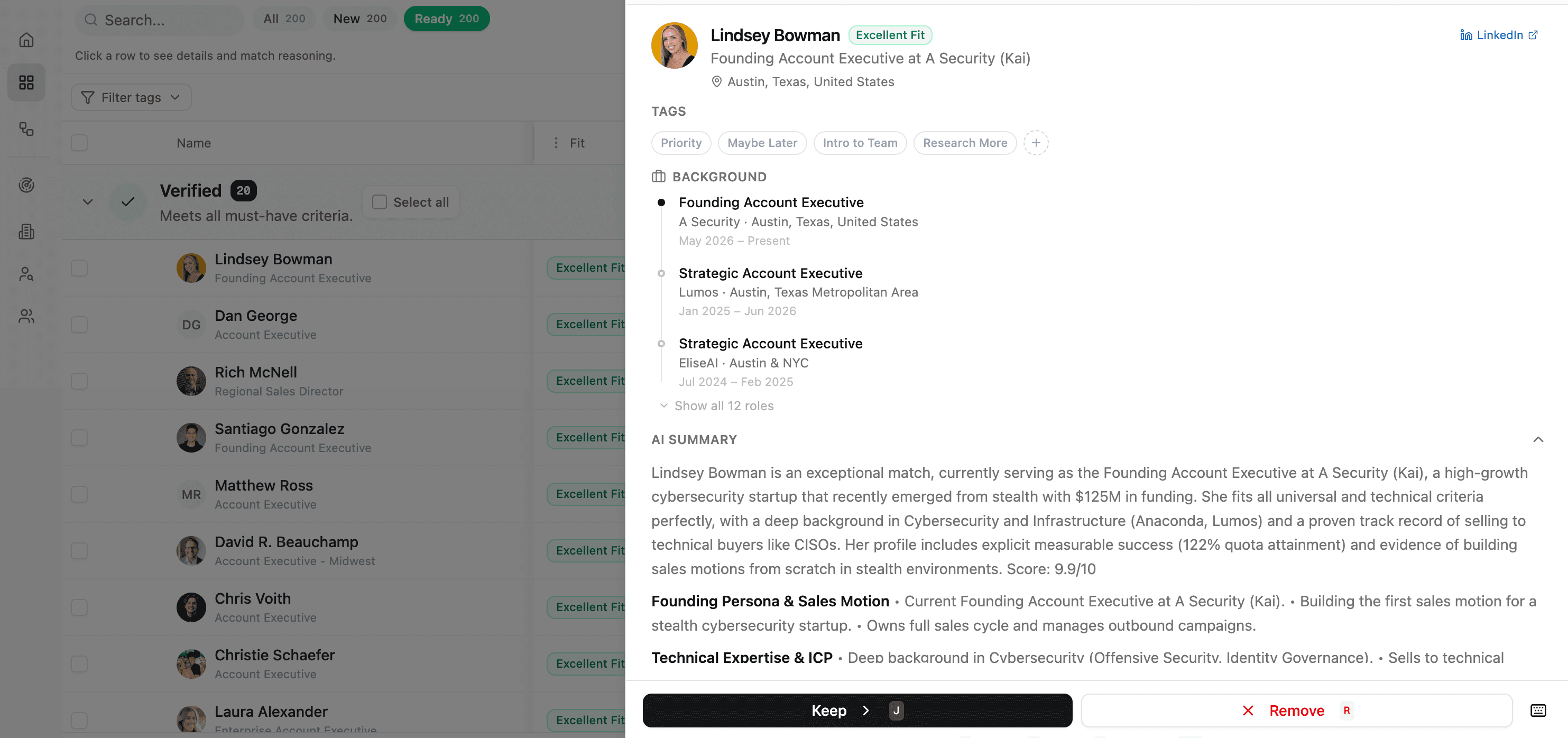 Person detail panel showing background, match summary, tags, and Keep and Remove actions