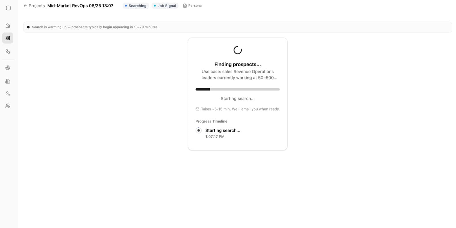 Project progress page showing that Lumnis is finding prospects and will email when the search is ready