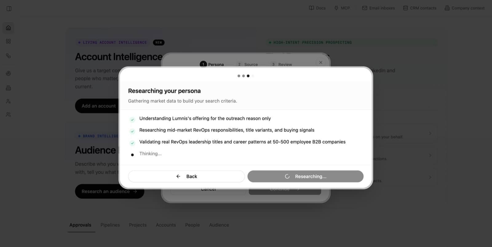 Lumnis researching an audience before preparing persona criteria
