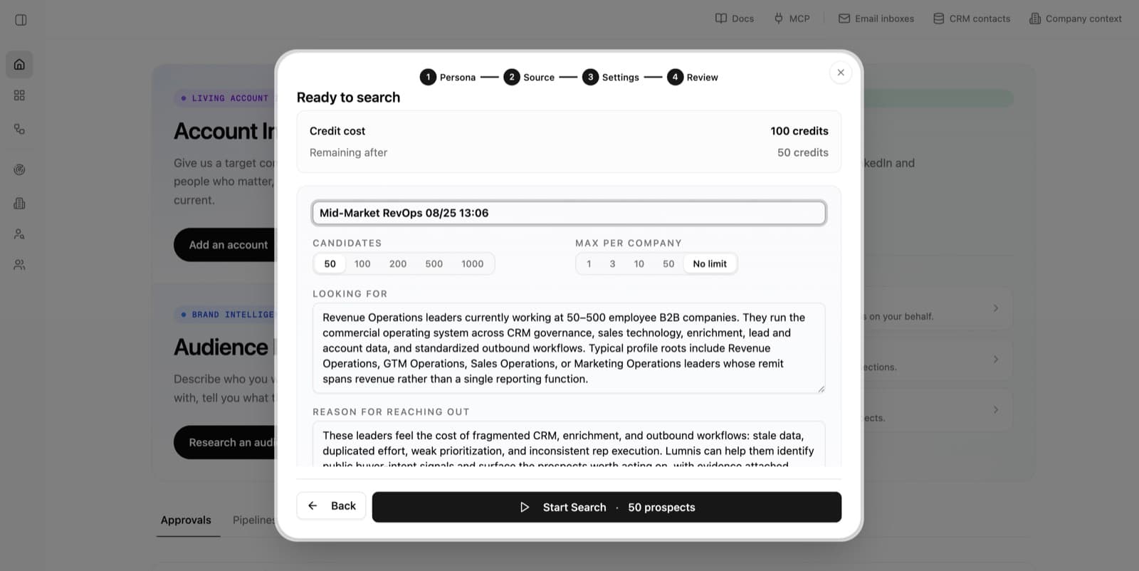 Final search review showing credit cost, project name, search size, company limit, audience, and Start Search button