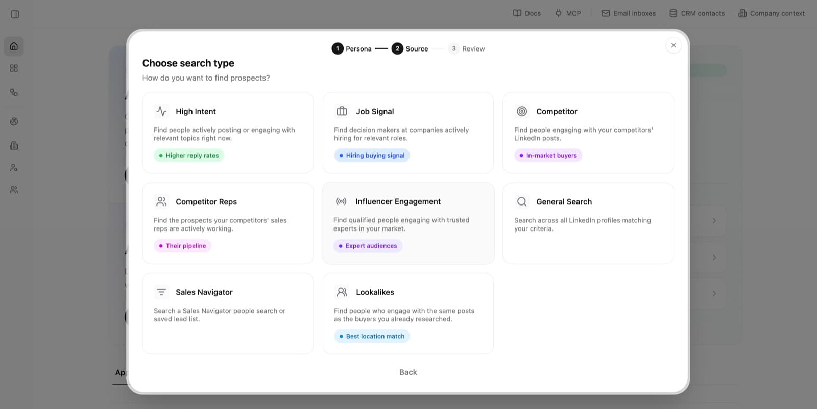 Search type screen with High Intent, Job Signal, Competitor, Competitor Reps, Influencer Engagement, General Search, Sales Navigator, and Lookalikes