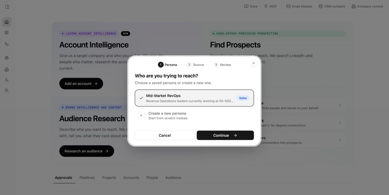 Prospecting wizard with a saved Persona selected and a Continue button