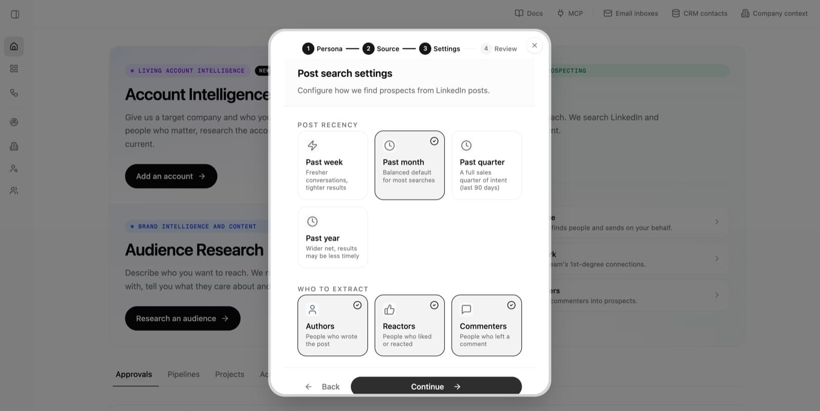 High Intent settings for post recency and whether to include authors, reactors, and commenters