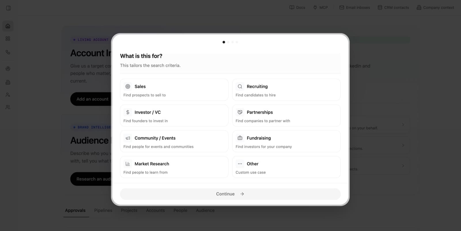 Use case screen with options for Sales, Recruiting, Investor or VC, Partnerships, Community or Events, Fundraising, Market Research, and Other