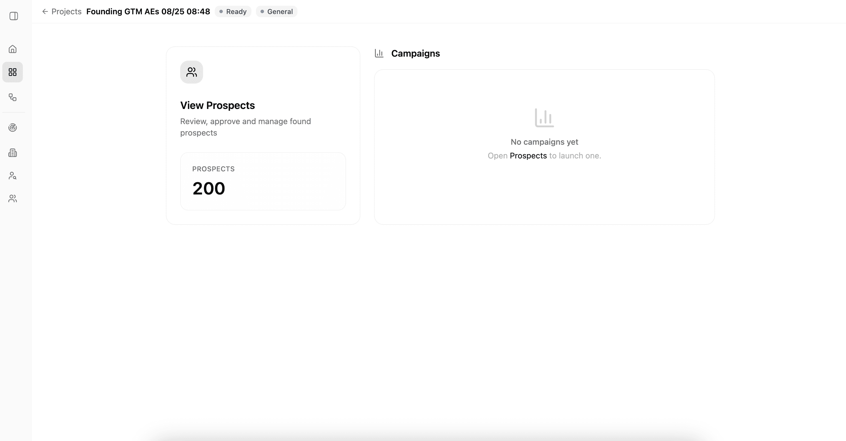 Completed Project overview showing View Prospects beside its Campaigns area