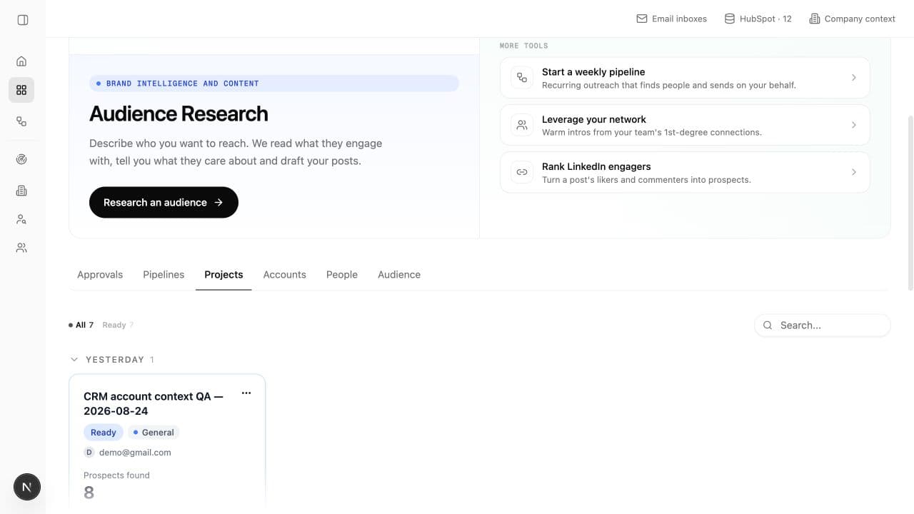 Lumnis Projects tab showing project status, search type, owner, and prospect count
