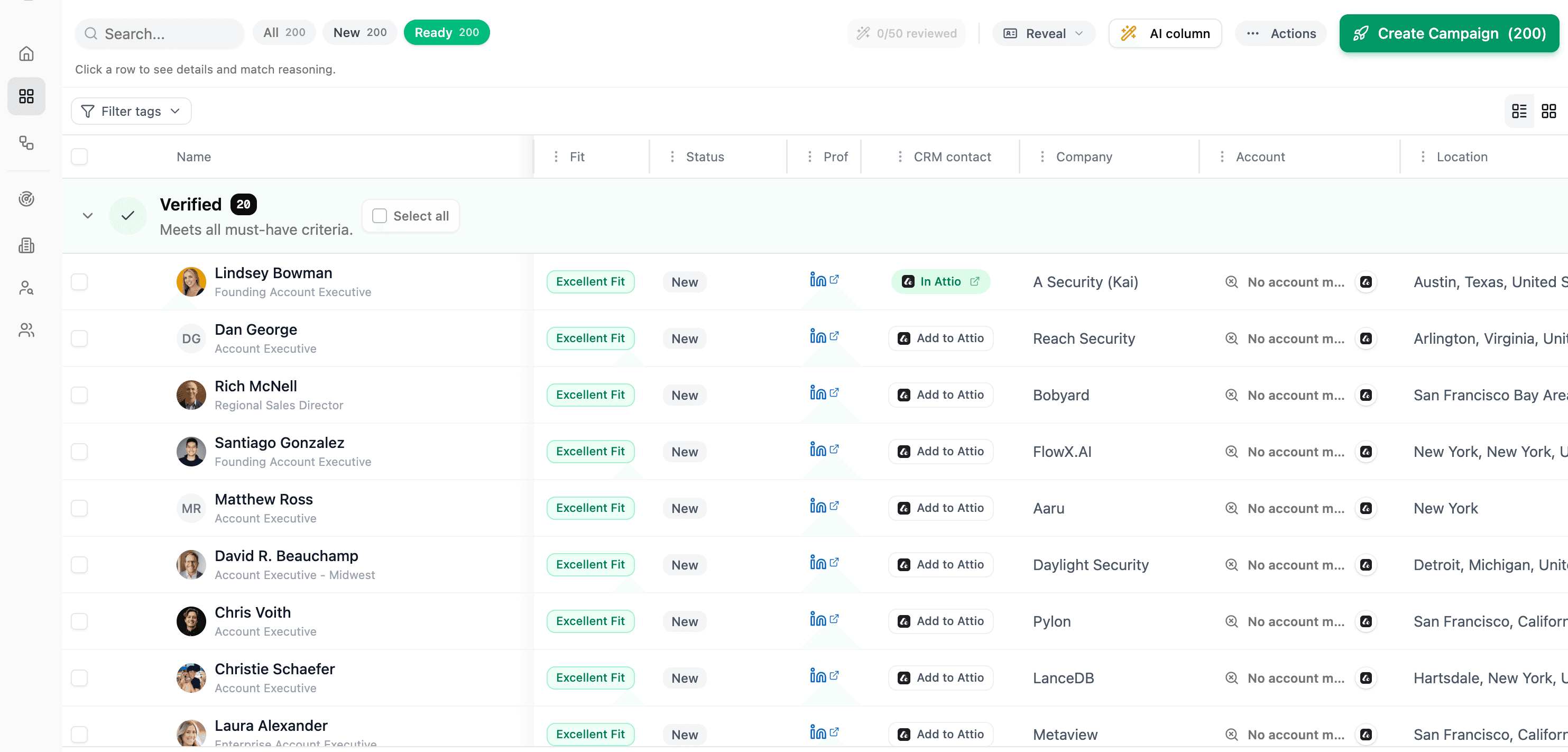 Project prospect list showing fit, status, CRM contact, company, account, and location